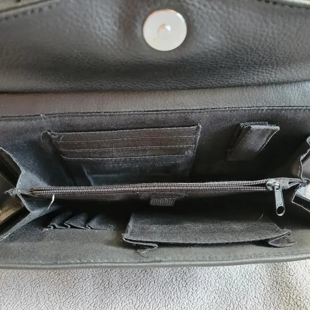 Genuine Black Pebbled Leather Vintage Style Organizer Handbag Multi Pocket‎